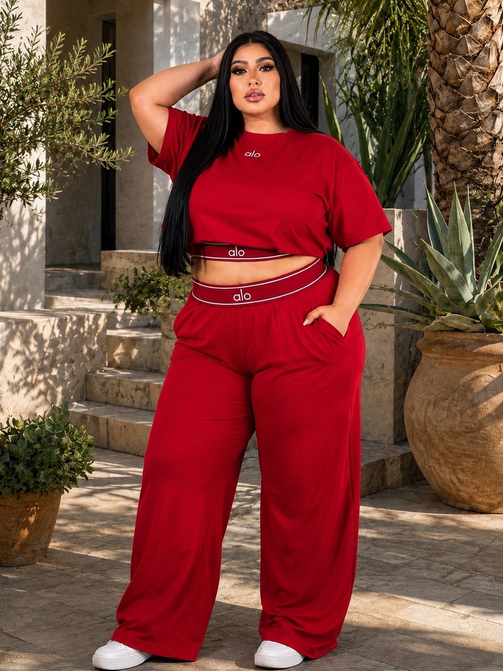Women’s Red 3-Piece Wide Leg Lounge Set Crop Top Pants & Bralette XXL 18-20